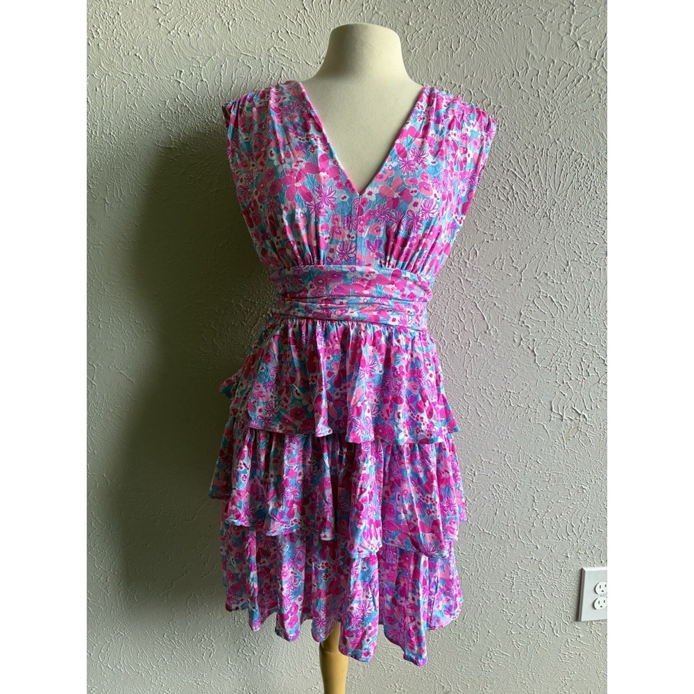 Lilly Pulitzer Floral Tiered Dress Pink Blue Open Back Women's  Sz M - Picture 8 of 16